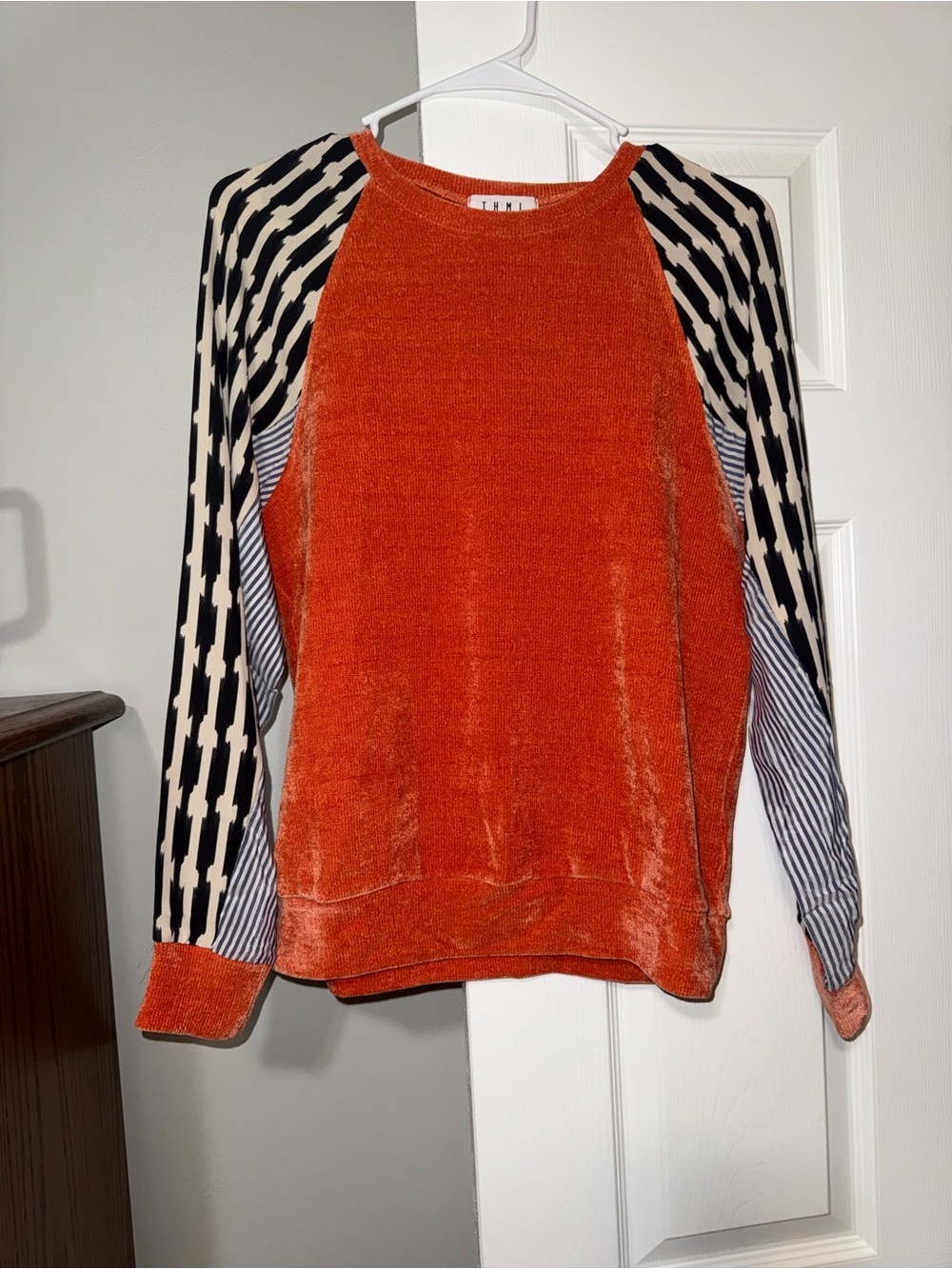 THML Orange Velvet Mixed-Print Crewneck Sweater